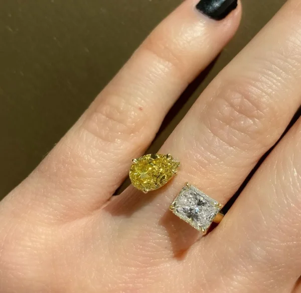 Bespoke Canary Diamond Pear and Diamond Cushion Open Ring