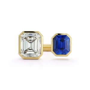 Bespoke Emerald Cut Diamond and Blue Sapphire Open Ring