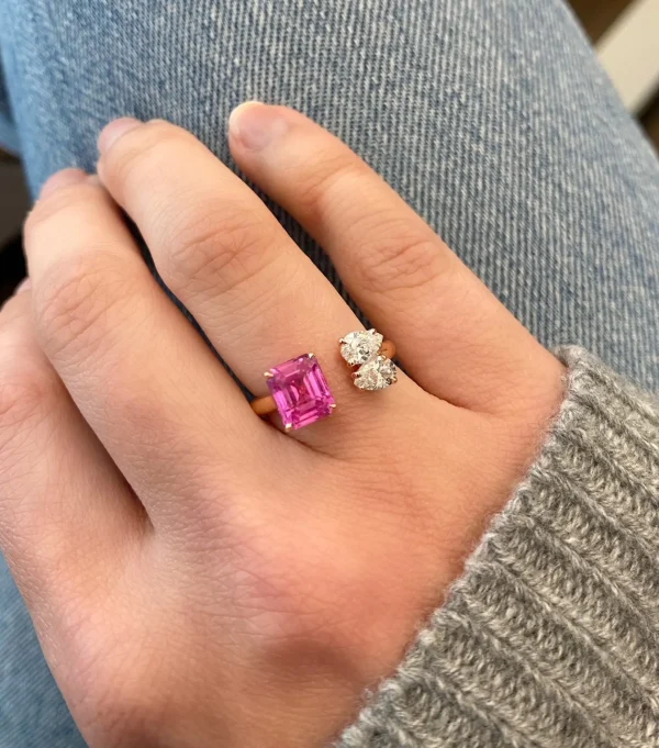 Prive Luxe Pink Sapphire and Double Diamond Pear Ring